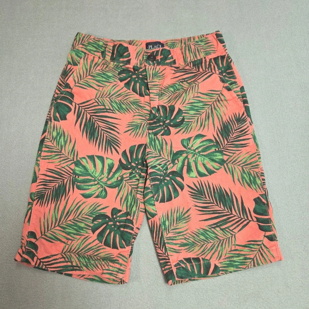 The Children's Place Shorts Boys 10 Pink Green Tropical Palm Leaf Chino Casual